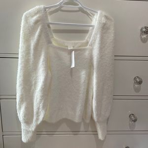 BOGO Soft cream fuzzy sweater with puff sleeves
